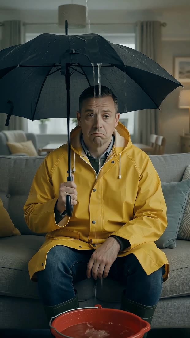 A man sitting indoors under an umbrella with a bucket catching a leak